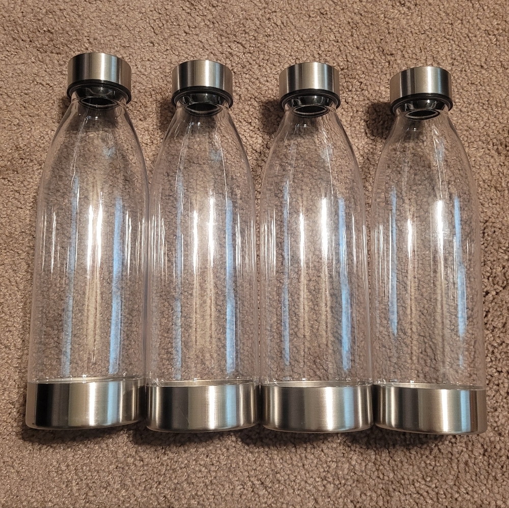 Water Bottles Mainstays Set of 4 Clear Plastic Drinking 22oz Stainless Steel NWT